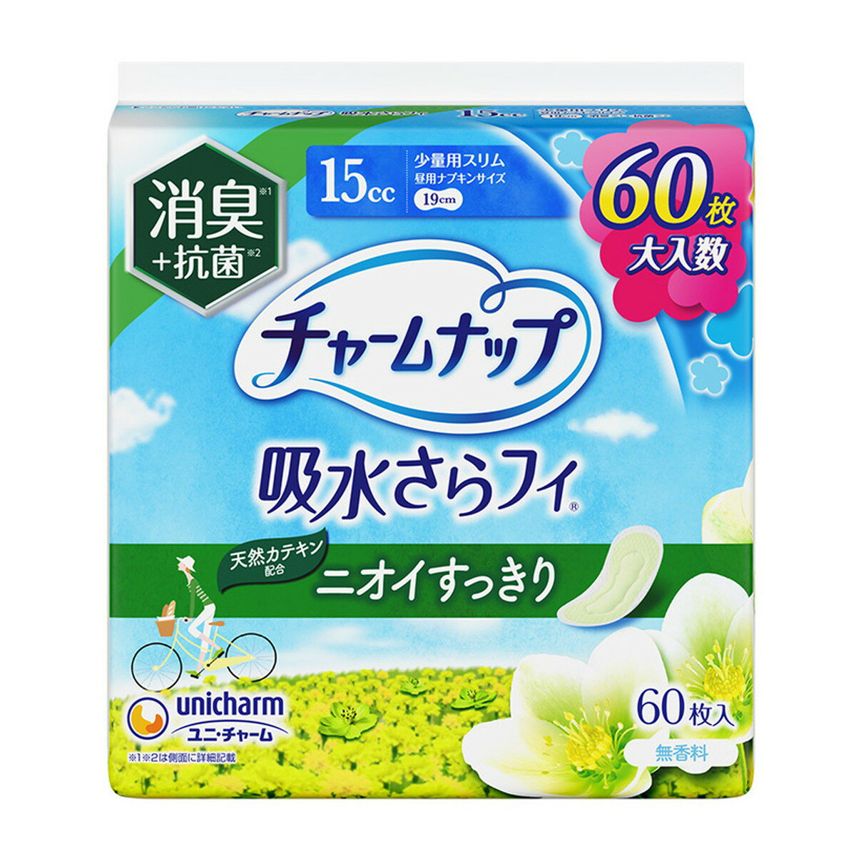 【送料込・まとめ買い×8個セット】ユニ・チャーム チャームナップ 吸水さらフィ ニオイすっきり 少量用スリム 19cm 15cc 消臭タイプ 60枚