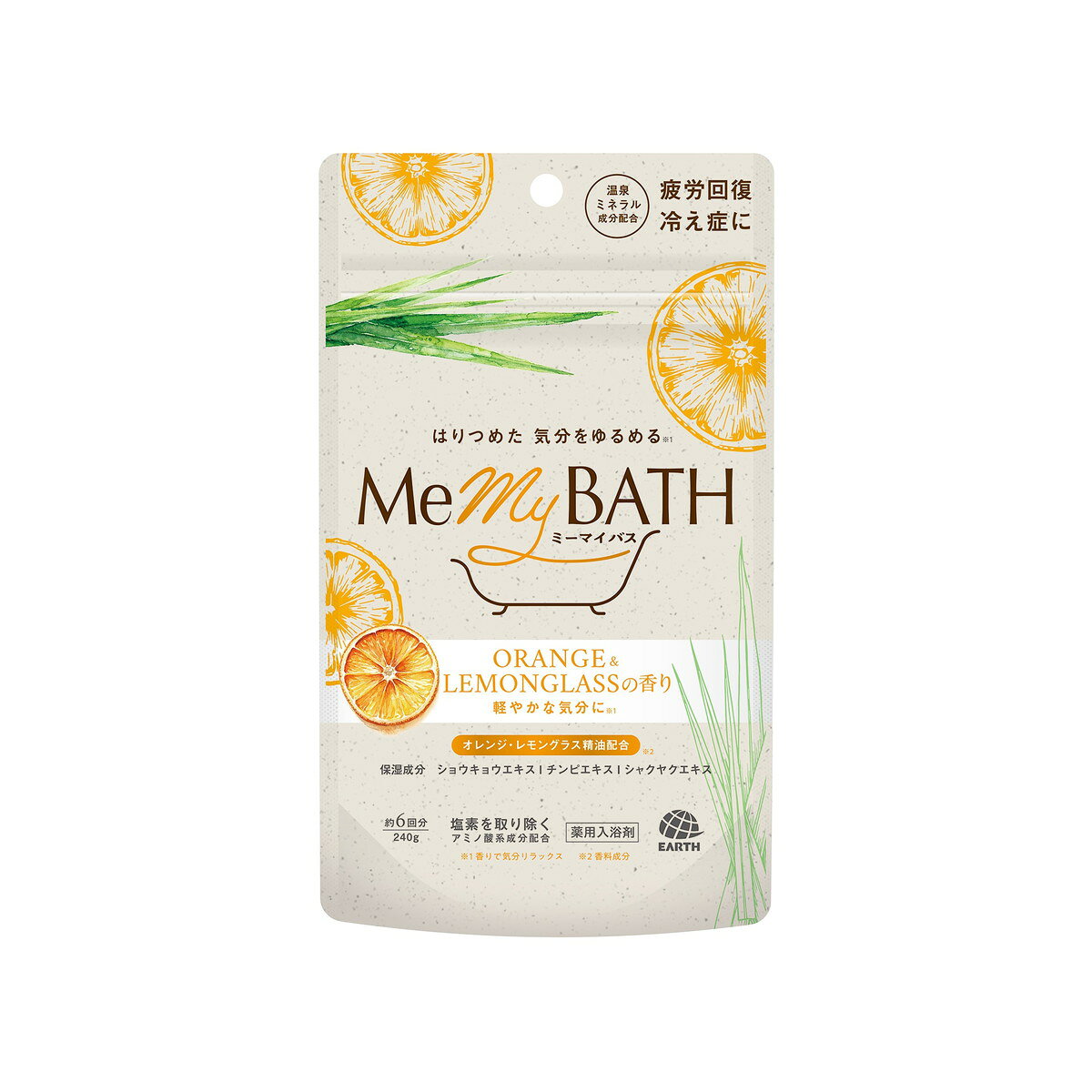 商品名：ミーマイバス オレンジ&レモングラスの香り 240g アース製薬 薬用入浴剤内容量：240gJANコード：4901080352811発売元、製造元、輸入元又は販売元：アース製薬原産国：日本区分：医薬部外品商品番号：101-4901080352811商品説明天然精油をブレンドしたオレンジ＆レモングラスの香り、淡いオレンジのお湯。和漢植物（保湿成分）、ショウキョウ・チンピ・シャクヤク配合。温泉ミネラル（硫酸ナトリウム）成分：温浴効果を高め、疲労回復、冷え症を緩和。塩素を除去するアミノ酸系成分配合。使用方法お風呂のお湯 (200L) に約40g (付属の紙スプーンで約5杯) の割合でよくかき混ぜながら溶かしてください。専用紙スプーンの使い方：折り目に沿って折ってスプーンの形に整えてください。スプーン5杯で1回分（約40g使用）広告文責：アットライフ株式会社TEL 050-3196-1510 ※商品パッケージは変更の場合あり。メーカー欠品または完売の際、キャンセルをお願いすることがあります。ご了承ください。