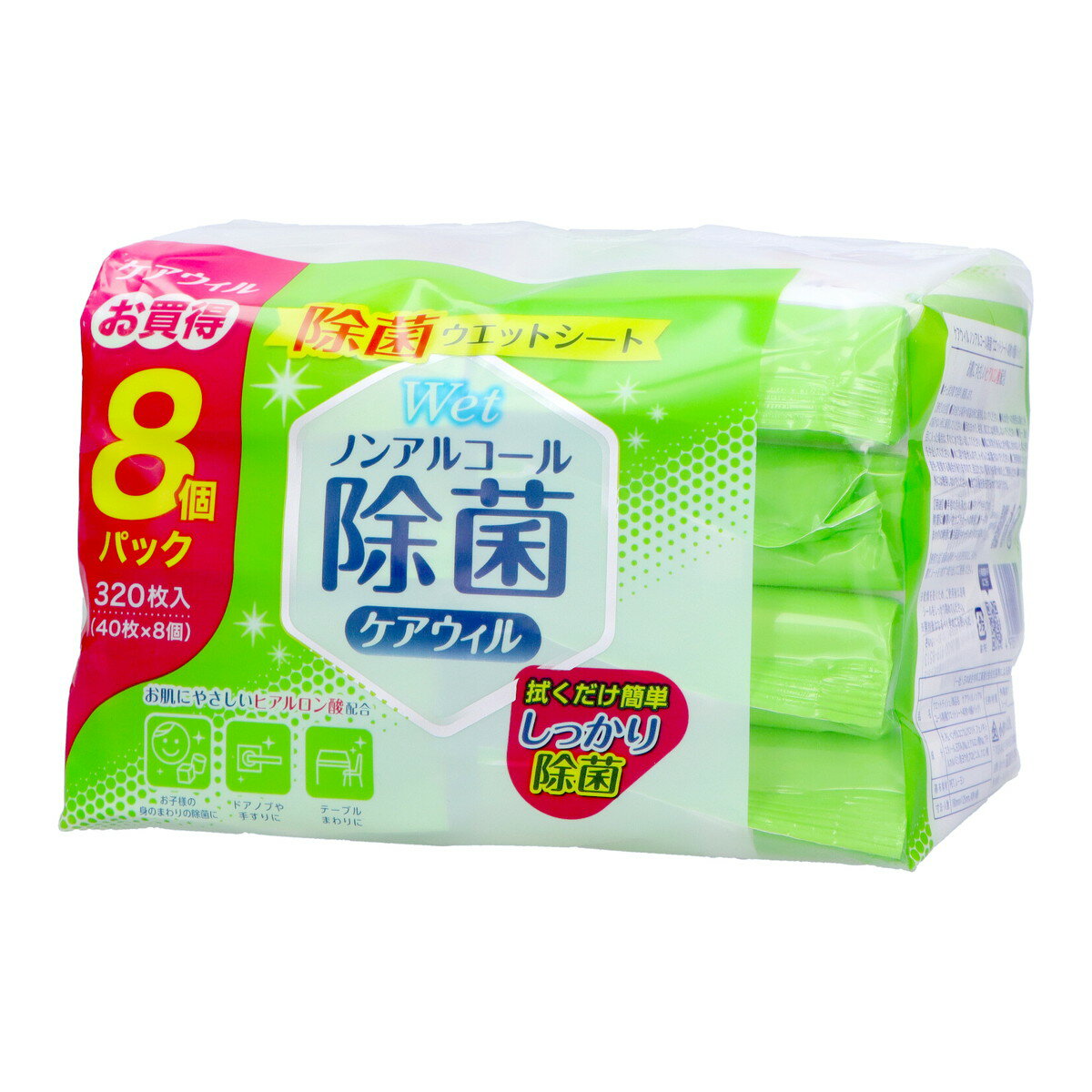 商品名：ケアウィル ノンアルコール除菌 ウエットシート 大容量 320枚 小津産業内容量：320枚JANコード：4970512004345発売元、製造元、輸入元又は販売元：小津産業原産国：中華人民共和国商品番号：101-*006-4970512004345商品説明さっと拭き取り素早く除菌します。手指の汚れ落としに。ドアノブや手すりの除菌に。買い物カゴやカートの除菌に。外出時のマイボトルやお箸の除菌に。テーブルまわりの除菌に。冷蔵庫やキッチンまわりのお掃除に。使用方法表面の透明シールをOPENのところから開け、シートを1枚ずつ取り出してご使用ください。乾燥を防ぐため、ご使用後は透明シールをしっかり閉めてください。開封後はなるべく早めにお使いください。広告文責：アットライフ株式会社TEL 050-3196-1510 ※商品パッケージは変更の場合あり。メーカー欠品または完売の際、キャンセルをお願いすることがあります。ご了承ください。