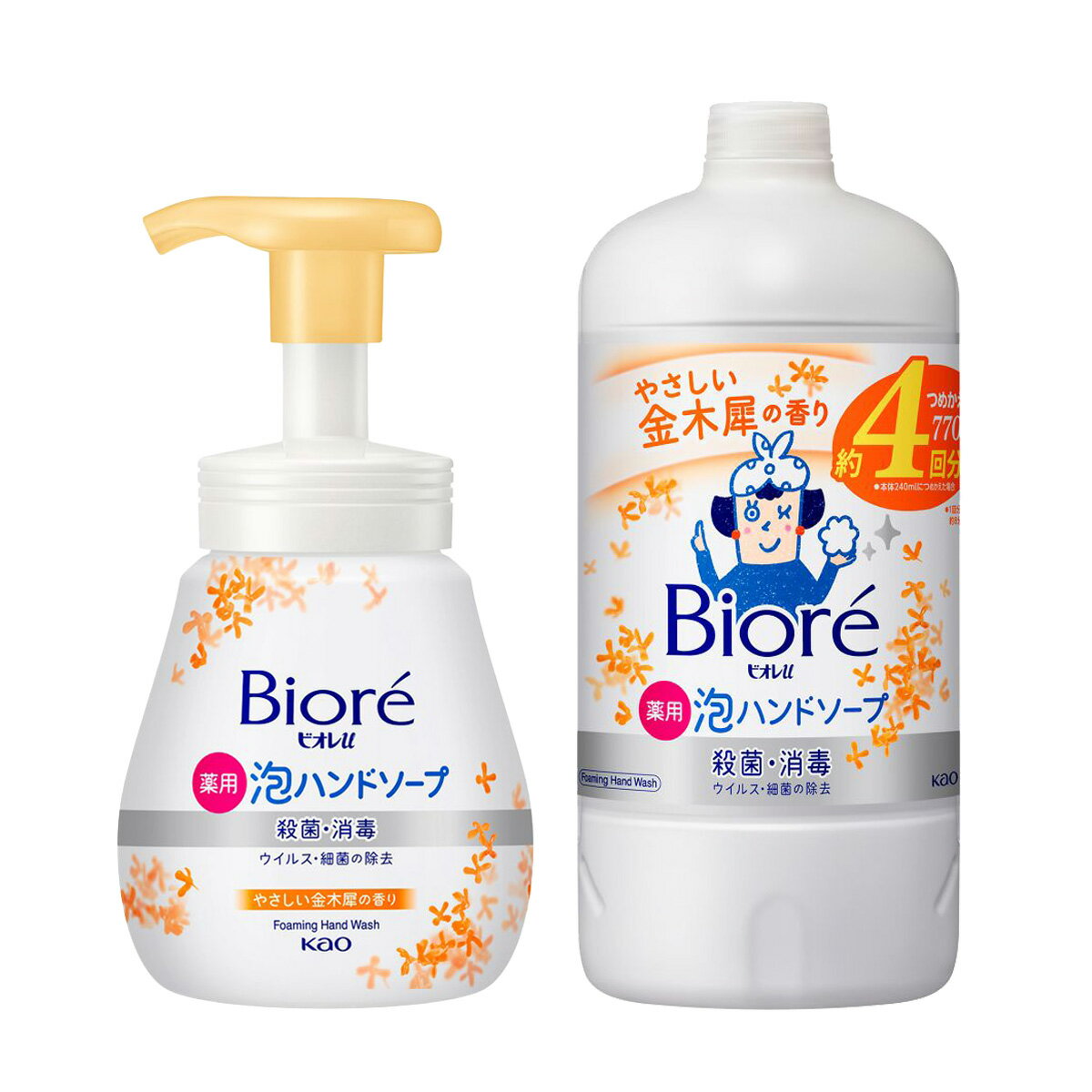 セット内容・花王 ビオレu 薬用 泡ハンドソープ 金木犀の香り ポンプ 本体 240ml・花王 ビオレu 薬用 泡ハンドソープ 金木犀の香り つめかえ用 770ml上記、2個セットです。--------------------------商品名：花王 ビオレu 薬用 泡ハンドソープ 金木犀の香り ポンプ 本体 240ml内容量：240mlJANコード：4901301454416発売元、製造元、輸入元又は販売元：花王原産国：日本区分：医薬部外品商品説明●汚れも泡もスパッとオフ！泡立ちがよく長持ちの泡なのに、素早くすすげる。●誰でも押しやすく倒れにくい容器。●殺菌成分配合。汚れ、ウイルス・細菌を除去。●素肌とおなじ弱酸性。●SPT（肌清浄化技術）採用。●カサつきがちな手肌も、うるおいを守って洗えます。●バイ菌を増やさない抗菌ポンプヘッド採用※。※すべての菌に効果があるわけではありません●医薬部外品。--------------------------商品名：花王 ビオレu 薬用 泡ハンドソープ 金木犀の香り つめかえ用 770ml内容量：770mlJANコード：4901301454430発売元、製造元、輸入元又は販売元：花王原産国：日本区分：医薬部外品商品説明●汚れも泡もスパッとオフ！泡立ちがよく長持ちの泡なのに、素早くすすげる。●殺菌成分配合。汚れ、ウイルス・細菌を除去。●素肌とおなじ弱酸性。●SPT（肌清浄化技術）採用。●カサつきがちな手肌も、うるおいを守って洗えます。●医薬部外品。--------------------------広告文責：アットライフ株式会社TEL 050-3196-1510 ※商品パッケージは変更の場合あり。メーカー欠品または完売の際、キャンセルをお願いすることがあります。ご了承ください。