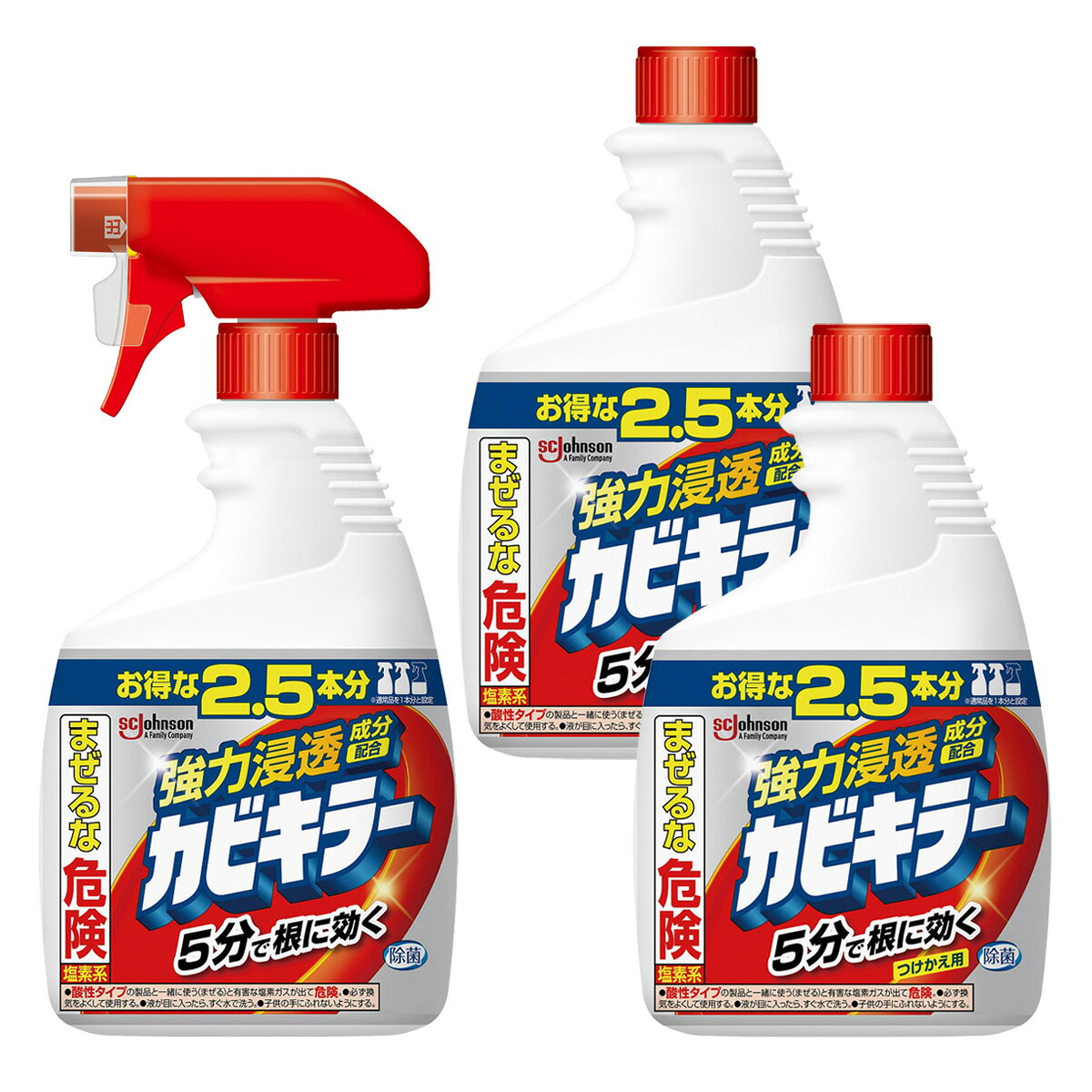セット内容・ジョンソン カビキラー 特大サイズ 本体 1000g・ジョンソン カビキラー 特大サイズ つけかえ用 1000g　×2個上記3点のセットです。--------------------------商品名：ジョンソン カビキラー 特大サイズ 本体 1000g内容量：1000gJANコード：4901609000148発売元、製造元、輸入元又は販売元：ジョンソン原産国：日本商品説明カビの根の奥まで届いて効く！お得な大容量落ちにくいカビの根の奥にも強力に浸透するおふろ用洗剤です。お風呂場のゴムパッキンなどに入り込んだしつこいカビにも入って効きます。 用途●浴室内のカビ汚れ壁やタイル・目地、マット、シャワーカーテン、扉等のゴムパッキン●使えないもの：砂壁、繊維壁、漆喰、布張りの壁、ユニットバスの化粧鋼板壁(磁石がつくタイプ)ホーロー、アルミ、しんちゅう等の金属製品(サビの原因になる)木製品、獣毛のハケ、ブラシ 成分：水（溶剤）、次亜塩素酸塩（酸化剤）、安定化剤、水酸化ナトリウム（アルカリ剤）、アルキルアミンオキシド（界面活性剤）、香料液性：アルカリ性--------------------------商品名：ジョンソン カビキラー 特大サイズ つけかえ用 1kg内容量：1000gJANコード：4901609000155発売元、製造元、輸入元又は販売元：ジョンソン原産国：日本商品説明特大サイズのつめかえ用。カビの根の奥まで届いて効く！お得な大容量落ちにくいカビの根の奥にも強力に浸透するおふろ用洗剤です。お風呂場のゴムパッキンなどに入り込んだしつこいカビにも入って効きます。 用途●浴室内のカビ汚れ壁やタイル・目地、マット、シャワーカーテン、扉等のゴムパッキン●使えないもの：砂壁、繊維壁、漆喰、布張りの壁、ユニットバスの化粧鋼板壁(磁石がつくタイプ)ホーロー、アルミ、しんちゅう等の金属製品(サビの原因になる)木製品、獣毛のハケ、ブラシ 成分：水（溶剤）、次亜塩素酸塩（酸化剤）、安定化剤、水酸化ナトリウム（アルカリ剤）、アルキルアミンオキシド（界面活性剤）、香料液性：アルカリ性--------------------------広告文責：アットライフ株式会社TEL 050-3196-1510 ※商品パッケージは変更の場合あり。メーカー欠品または完売の際、キャンセルをお願いすることがあります。ご了承ください。