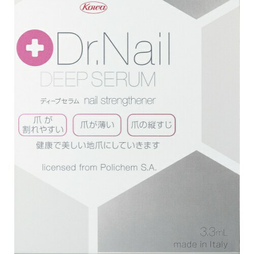 区分：化粧品メーカー：興和商品名：Dr．Nail　DEEP　SERUM（ディープセラム）（3．3mL） 内容量：3．3mLこれまでにない、つめ補修力ディープセラムは、通常は爪に浸透しない、爪を強くするために必要な「有機ケイ素」と「有機硫黄」を爪の内部まで浸透させることができるため、内側からダメージを補修し、強く健やかな爪に導くことができます。また、水溶性なので、使い心地もさらっとしていて、べたつきや嫌なにおいもないためシーンを気にせずご使用いただけます。これまでのネイルケア品との違いディープセラムは、爪の表面に塗って保護するハードナーや、爪の周囲を保湿して潤いを与えるキューティクルオイルとは異なり、爪自体に直接浸透して爪を補修します。JANコード：4987067208401【こんな症状にオススメ】・爪が割れやすい・爪が薄い・爪の縦すじが目立つ・二枚爪で爪先がボロボロ 使用方法 清潔で乾いた爪に薄く塗布してください。※水溶性のため、長時間水にふれない時（就寝前など）のご使用が効果的です。※毎日、継続してのご使用が効果的です。※ジェルネイルの下の伸びてきた部分や爪の裏側にも使えます。※キューティクルオイルやハンドクリームなどは、ディープセラムが十分に浸透した後にご使用になるのがおすすめです。 成分 【成分】水、エタノール、ジメチルスルホン、PG、ヒドロキシプロピルキトサン、スギナエキス、エトキシジグリコール 希望小売価格 2808円（税込） 発売元、製造元、輸入元又は販売元：興和新薬株式会社原産国：イタリア広告文責：アットライフ株式会社TEL 050-3196-1510※商品パッケージは変更の場合あり。メーカー欠品または完売の際、キャンセルをお願いすることがあります。ご了承ください。⇒その他のDr.Nailシリーズはこちら