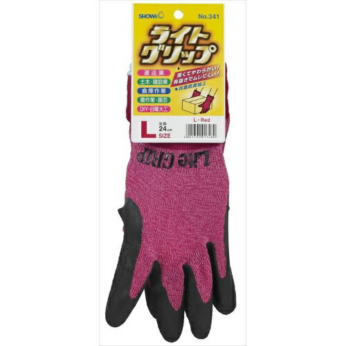 　●天然ゴムを手のひらにコーティングした、通気性に優れた背抜き手袋です。●スベリ止め効果があり、薄くてやわらかく手にフィットするため作業性に優れています。「ライトグリップ L レッド」は、薄くてやわらかく、手になじみやすいカーブ形状の作業用手袋です。通気性がよいのでムレにくく、快適に作業ができます。抗菌防臭加工を施しているので、汗臭くなりにくくなっています。また、特殊配合により天然ゴムの白化現象を防止しています。使用上の注意●アレルギー反応などにより、体質によっては、かゆみ・かぶれ・発疹等をおこすことがあります。異常を感じたら使用を中止し、医師に相談してください。●高濃度の薬品や溶剤には使用しないでください。膨潤、浸透することがあります。●油類がコーティング部分に付着した場合、劣化の原因となるため、できるだけ早めにふきとってください。●熱いものに触れないでください。火傷するおそれがあります。●刃物や鋭利なものを使用する作業には充分注意してください。●回転体を伴う作業(ボール盤、面取り盤等)には使用しないでください。手が巻き込まれるおそれがあります。●感電のおそれがあるので電気作業には使用しないでください。●使用後は洗濯し、陰干ししてください。保管する時には直射日光を避けてください。品質表示●材質：樹脂部/天然ゴム、繊維部/ナイロン、ポリエステル、その他●寸法：全長/24cm、中指の長さ/7.9cm、手のひらまわり/19.5cm※寸法表示は参考値で、着用時の寸法は伸縮により異なります。原産国マレーシアお問い合わせ先■お客様相談室フリーダイヤル：0120-641245受付時間：平日 9：00-17：00販売_製造元： ショーワグローブブランド：ライトグリップ4901792017480 73124 ＊ライトグリップ（タグ付き）Lレッド　　　　　　　1cs：120広告文責：アットライフ株式会社TEL 050-3196-1510※商品パッケージは変更の場合あり。メーカー欠品または完売の際、キャンセルをお願いすることがあります。ご了承ください。