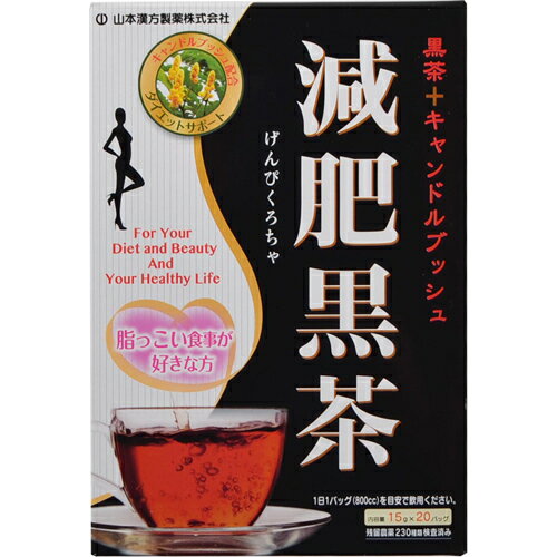 ※パッケージデザイン等は予告なく変更されることがあります。商品説明「山本漢方 減肥黒茶 15g×20包」は、黒茶と烏龍茶をベースに14種の素材をブレンドした健康飲料です。各種素材をバランスよくブレンドし、飲みやすく仕上げました。美味しく飲んで、毎日の健康維持にお役立てください。賞味期限等の表記について西暦年／月の順番でパッケージに記載。お召し上がり方●やかんで煮出す場合：水又は沸騰したお湯約700-900ccの中へ1バッグを入れ、弱火にて軽く泡立つ程度に3-5分間よく煮出してお召し上がりください。煮出した後は、できるだけ早くバッグを取りのぞいてください。●アイスの場合：煮出した後、湯冷ましをして、ペットボトル又はウォーターポットに入れ替え、冷蔵庫で冷やしてお飲みください。●冷水だしの場合：ウォーターポットの中へ水約600-800ccを注ぎ、1バッグをポンと入れ、冷蔵庫に入れて約3時間待てば冷水減肥黒茶になります。一夜出しもさらに濃くておいしくなります。●急須の場合：ご使用中の急須に1袋をポンと入れ、お飲みいただく量の湯を入れてお飲みください。濃い目をお好みの方は、ゆっくり、薄めをお好みの方は手早に茶わんへ給湯してください。使用上の注意●開封後はお早めにご使用ください。●本品は食品ですが、必要以上に大量に摂ることを避けてください。●薬の服用中又は、通院中の方は、医師又は薬剤師にご相談ください。●体調不良時、食品アレルギーの方はお飲みにならないでください。●万一からだに変調がでましたら、直ちにご使用を中止してください。●天然の素材原料ですので、色、風味が変化する場合がありますが、品質には問題ありません。●ごくまれに煮出したあと、液表面に原材料由来の油脂、脂肪などが油のように見えたり、また沈殿物が見えることがありますが、問題ありません。●小児の手の届かない所に保管してください。●食生活は、主食、主菜、副菜を基本に、食事のバランスを。保存方法直射日光及び、高温多湿の場所を避けて、保存してください。原材料名・栄養成分等●名称：混合茶●原材料名：黒茶、ウーロン茶、黒豆、ハブ茶、玄米、キャンドルブッシュ、茶葉、甘草、大豆、杜仲葉、プアール茶、ギムネマ・シルベスタ、マテ茶、桑の葉●栄養成分表示/1杯100ccあたり：エネルギー 1kcal、たんぱく質 0.1g、脂質 0g、炭水化物 0.2g、ナトリウム 3mg※原材料はインド、中国、ブラジル、日本のものを使用して日本国内で製造しています。原産国日本お問い合わせ先山本漢方製薬株式会社TEL：0568-73-3131(土日祝日を除く、月-金 9：00-17：00まで)ブランド：山本漢方製造元：山本漢方製薬 内容量：300g(15g×20袋)JANコード：　4979654026338[山本漢方]健康食品[減肥茶]発売元、製造元、輸入元又は販売元：山本漢方製薬原産国：日本区分：健康食品広告文責：アットライフ株式会社TEL 050-3196-1510※商品パッケージは変更の場合あり。メーカー欠品または完売の際、キャンセルをお願いすることがあります。ご了承ください。