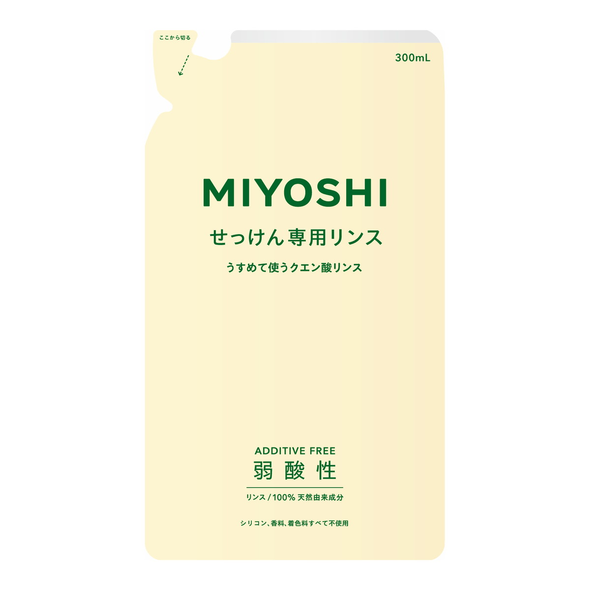 【配送おまかせ】ミヨシ石鹸 無添加 せっけんシャンプー専用 リンス つめかえ用 300mL 1個