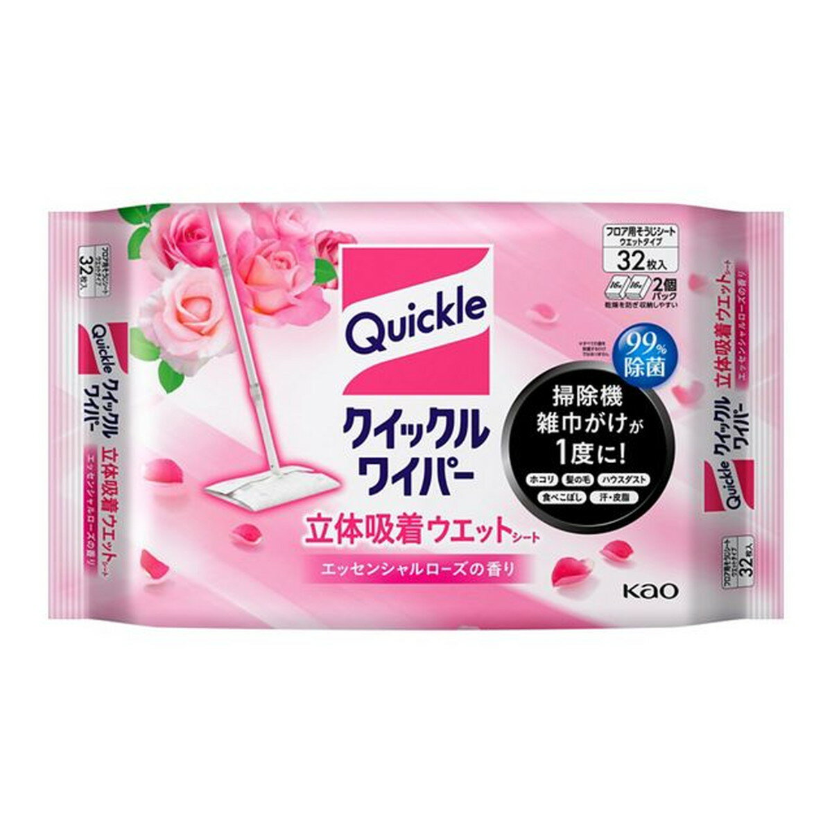 【送料無料・まとめ買い6個セット】花王 クイックルワイパー 立体吸着ウエット エッセンシャルローズの香り 32枚入