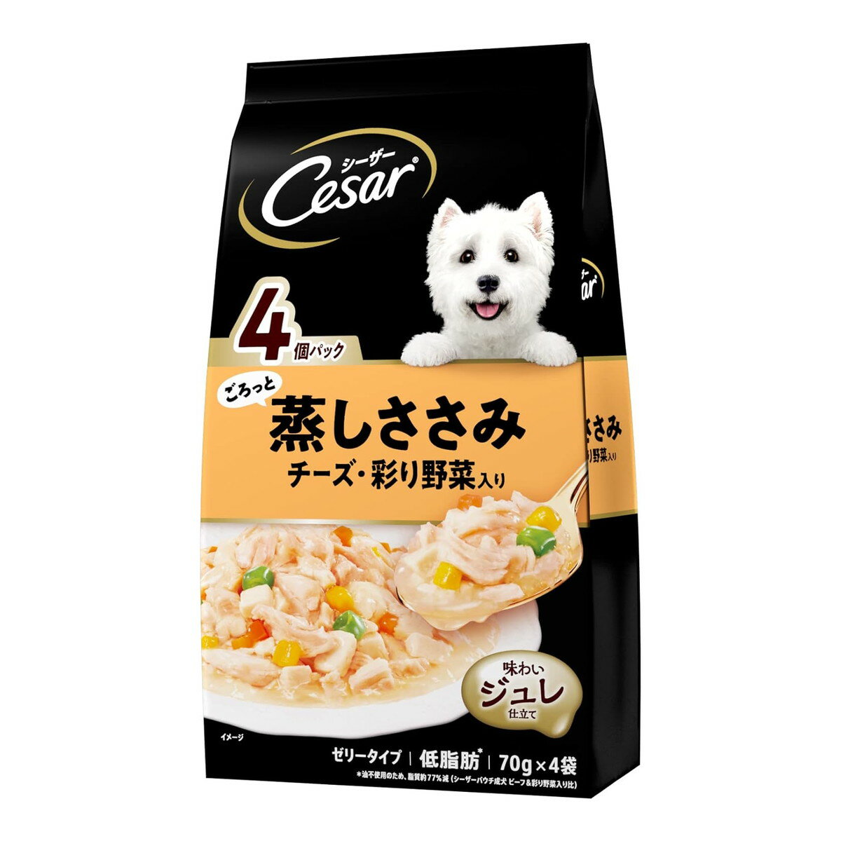 商品名：マース シーザー ごろっと蒸しささみ チーズ・彩り野菜入り 70g×4袋 ドックフード ゼリータイプ内容量：70g×4袋JANコード：4902397858744発売元、製造元、輸入元又は販売元：マースジャパンリミテッド原産国：タイ商品番号：103-4902397858744商品説明●低脂肪なささみをふっくら蒸して低カロリー※に仕上げました。●丁寧な調理で素材のおいしさをそのまま閉じ込めました。※シーザーパウチ成犬 ビーフ＆彩り野菜入り比28%減【使用方法】・ドライフードなどの総合栄養食と共に与えてください。・1日 1／2袋 1袋を目安として与えてください。【原材料】肉類（鶏肉、ささみ等）、野菜類（いんげん、かぼちゃ、にんじん）、小麦、チーズパウダー、増粘多糖類、塩化カリウム、食塩、リン酸塩【栄養成分】タンパク質：7.5％以上、脂質：0.3％以上、粗繊維：0.5％以下、灰分：3.0％以下、水分：90.0％以下広告文責：アットライフ株式会社TEL 050-3196-1510 ※商品パッケージは変更の場合あり。メーカー欠品または完売の際、キャンセルをお願いすることがあります。ご了承ください。