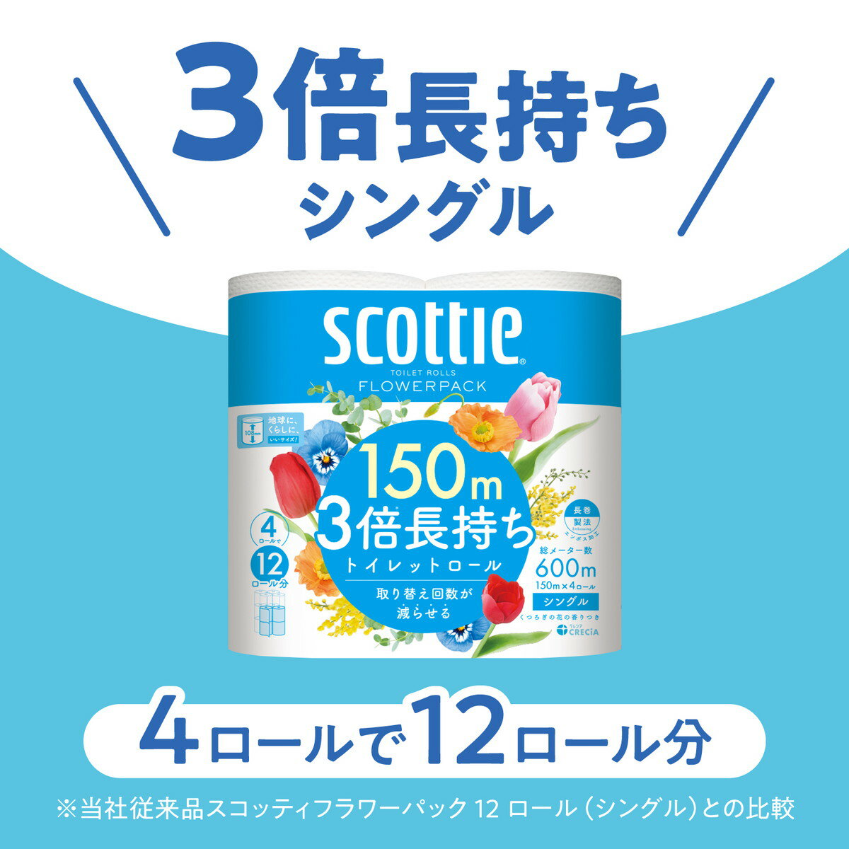 【今月のオススメ品】日本製紙クレシア スコッティ フラワーパック 3倍長持ち トイレットロール シングル 150m×4ロール トイレットペーパー 【tr_088】 3