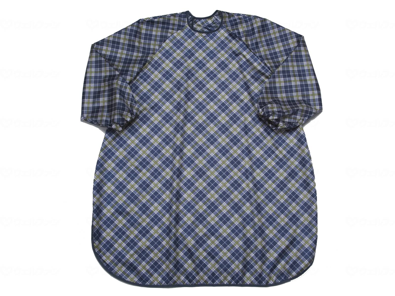 【メール便送料込】特殊衣料 食事前掛 エプロン 超撥水 袖付 ネイビーチェック 食事エプロン 介護用品 自助用品 かっぽう着 4521573003893