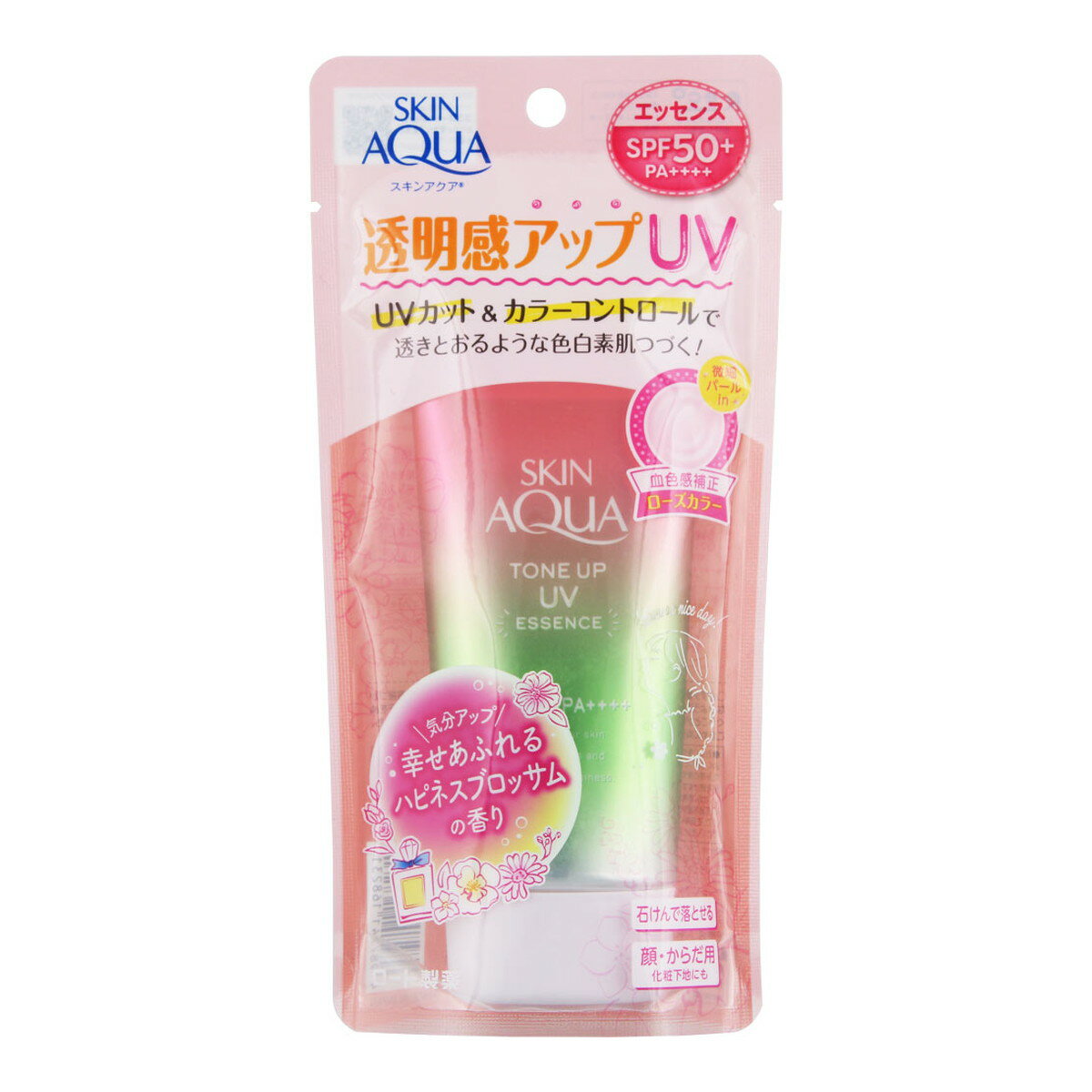 【送料込・まとめ買い×4個セット】ロート製薬 スキンアクア トーンアップ UV エッセンス ハピネスオーラ 顔 からだ用 SPF50+ PA++++ 80g 日焼け止め