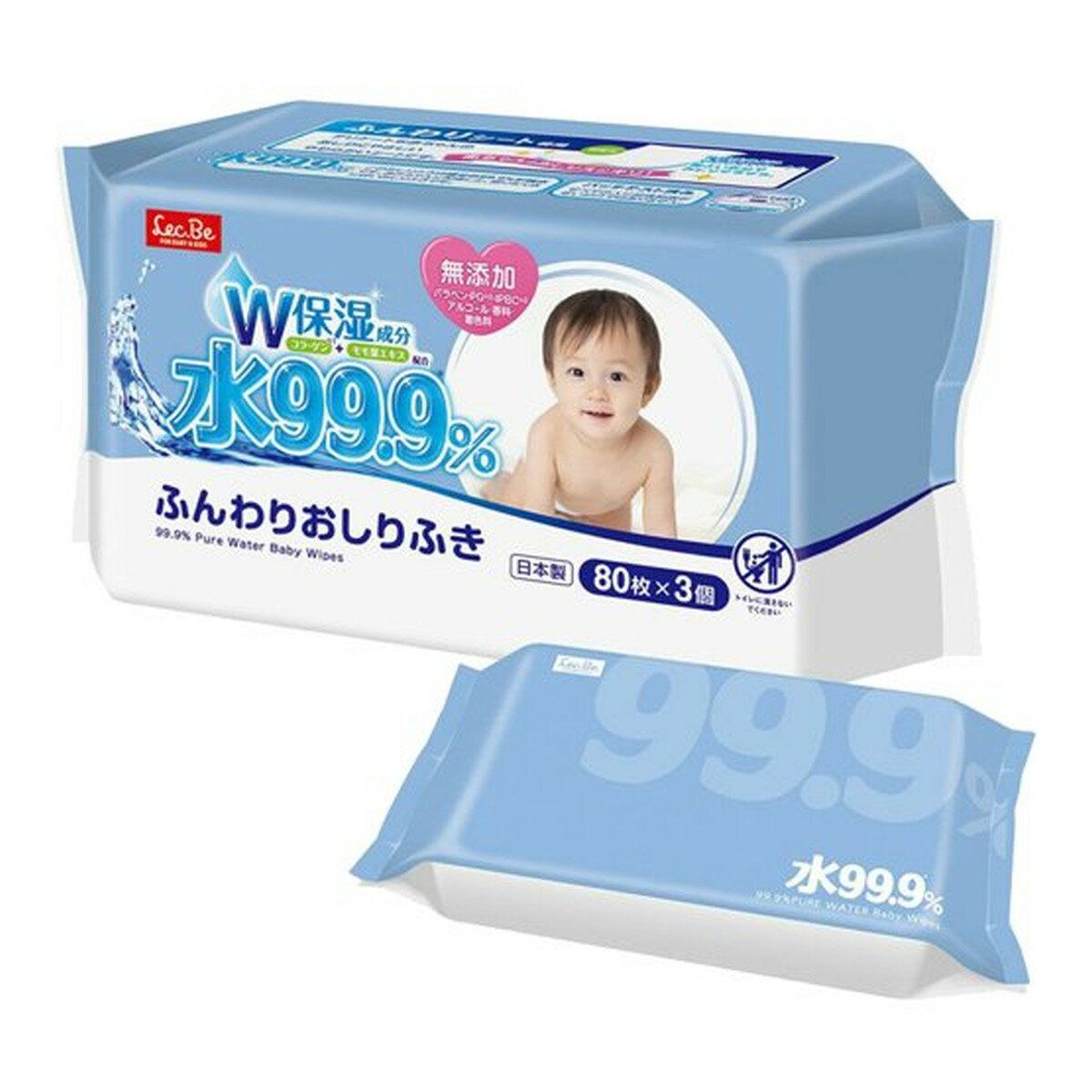 【送料込・まとめ買い×8個セット】レック 水99.9% ふんわりおしりふきw 80枚×3個入