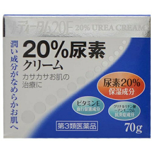 商品名：【第3類医薬品】メディータム 20E 70g内容量：70gJANコード：4987435581211発売元、製造元、輸入元又は販売元：東光薬品工業原産国：日本区分：第三類医薬品商品番号：103-4987435581211□□□ 販売店舗 □□□アットライフ加西薬店(兵庫県加西市)情報提供・相談応需：販売店舗の登録販売者□□□　商品説明　□□□「メディータム 20E 70g」は、保湿成分尿素20%配合、カサカサお肌の治療に適したお薬です。血行促進成分ビタミンE、抗炎症成分グリチルリチン酸一アンモニウムを配合しています。潤い成分がなめらかお肌へ。手指のあれ、ひじ・ひざ・かかと・くるぶしの角化症、老人の乾皮症、さめ肌に。医薬品。□□□　使用上の注意　□□□●してはいけないこと(守らないと現在の症状が悪化したり、副作用が起こりやすくなる)1.次の部位には使用しないでください(1)目のまわり、粘膜等(2)引っかき傷等の傷口、亀裂(ひび割れ)部位(3)かさぶたの様に皮ふがはがれている所(4)炎症部位(ただれ、赤くはれている所)●相談すること1.次の人は使用前に医師、薬剤師または登録販売者にご相談ください(1)医師の治療を受けている人(2)薬などによりアレルギー症状(発疹・発赤、かゆみ、かぶれ等)を起こしたことがある人2.使用後、次の症状があらわれた場合は直ちに使用を中止し、この文書を持って医師、薬剤師または登録販売者にご相談ください関係部位症状皮ふ発疹・発赤、かゆみ、はれ、刺激感(痛み、熱感、ピリピリ感)、かさぶたの様に皮ふがはがれる状態3.2週間使用しても症状がよくならない場合は使用を中止し、この文書を持って医師、薬剤師または登録販売者にご相談ください使用期限まで100日以上ある医薬品をお届けします。□□□　効果・効能　□□□効能：手指のあれ、ひじ・ひざ・かかと・くるぶしの角化症、老人の乾皮症、さめ肌□□□　用法・用量　□□□1日数回、適量を患部に塗擦してください(1)目に入らないように注意してください。万一目に入った場合には、すぐに水またはぬるま湯で洗ってください。なお、症状が重い場合には、眼科医の診療を受けてください(2)小児(15歳未満)には使用させないでください(3)外用にのみ使用してください□□□　成分・分量　□□□100g中尿素：20gトコフェロール酢酸エステル：0.5gグリチルリチン酸一アンモニウム：0.5g添加物：グリセリン、1.3-ブチレングリコール、スクワラン、セタノール、ステアリン酸、ベヘン酸、トリイソオクタン酸グリセリン、ジメチルポリシロキサン、流動パラフィン、ミリスチン酸イソプロピル、ステアリン酸グリセリン、ポリオキシエチレン硬化ヒマシ油、ステアリン酸ポリオキシル、pH調節剤、グリシン、エデト酸ナトリウム水和物、クエン酸ナトリウム水和物、パラベン□□□　保管および取扱い上の注意　□□□(1)直射日光の当たらない涼しい所に密栓して保管してください(2)小児の手の届かない所に保管してください(3)他の容器に入れ替えないでください(誤用の原因になったり品質が変わることがあります)(4)キャップの閉め方が不十分な場合、クリームが乾燥し、ザラザラ感が出ることがありますので、ご使用のつどキャップをしっかり閉めてください(5)表示の使用期限を過ぎた製品は使用しないでください□□□　お問い合わせ先　□□□東光薬品工業文責：アットライフ株式会社　登録販売者 尾籠 憲一広告文責：アットライフ株式会社TEL：050-3196-1510医薬品販売に関する記載事項第3類医薬品※商品パッケージは変更の場合あり。メーカー欠品または完売の際、キャンセルをお願いすることがあります。ご了承ください。