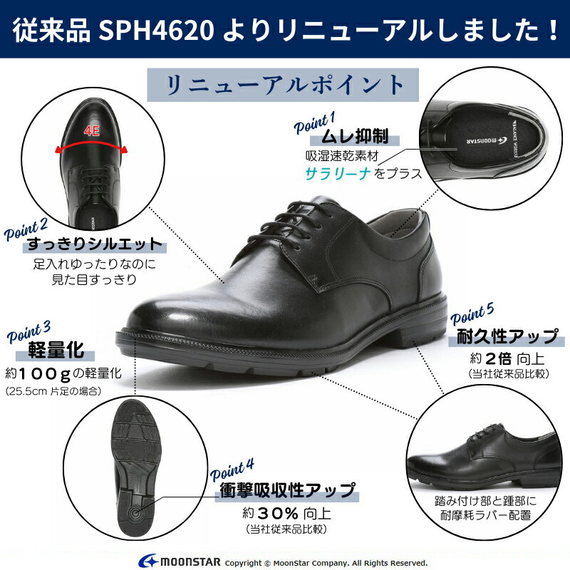 ムーンスター BALANCE WORKS 【2024年秋新作】 メンズ 革靴 ビジネス 外羽根プレーントゥ BW4620 ブラック moonstar 幅広 4E 歩きやすい バランスワークス 抗菌防臭 父の日 黒