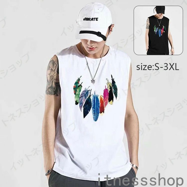 ギフト ジュニア 男 Tシャツ ノースリーブ タンクトップ メンズ おしゃれ カットソー 袖なし 夏 英文字 キャラクター 羽柄