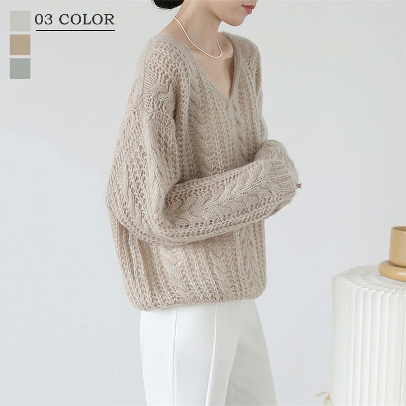 トップス ボリューム袖 モヘアセーター ゆったり Vネック カットソー ニット セーター 透け感 グレー ..