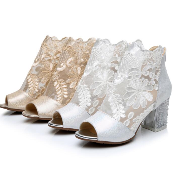 7センチヒ 秋 夏 ハイヒールサンダル シースルーブーツ チュール 小さいサイズ 大きいサイズ 花柄刺繍 ショートブーツ