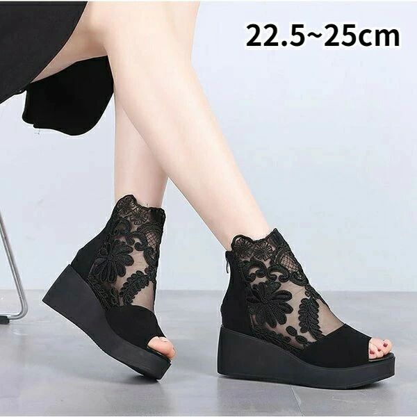 歩きやすい 痛くない 疲れにくい オープントゥ ヒールサンダル ヒール6.5cm サンダル 花柄 レース 厚底サンダル ブーツサンダル