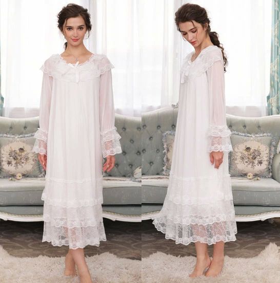 ルームワ ナイトウエア ネグリジェ パジャマ モダール 春秋 長袖 寝巻き マキシ丈 パジャマ ワンピース 姫系 レース レディース