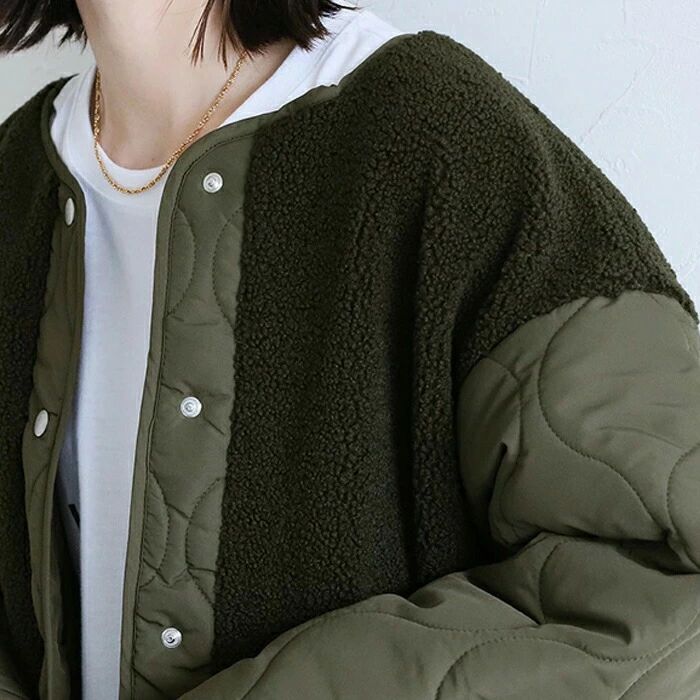 】 【送料無料 中綿 ビッグシルエット ゆったり ロング ロングコート ボア ノーカラー キルティング コート アウター