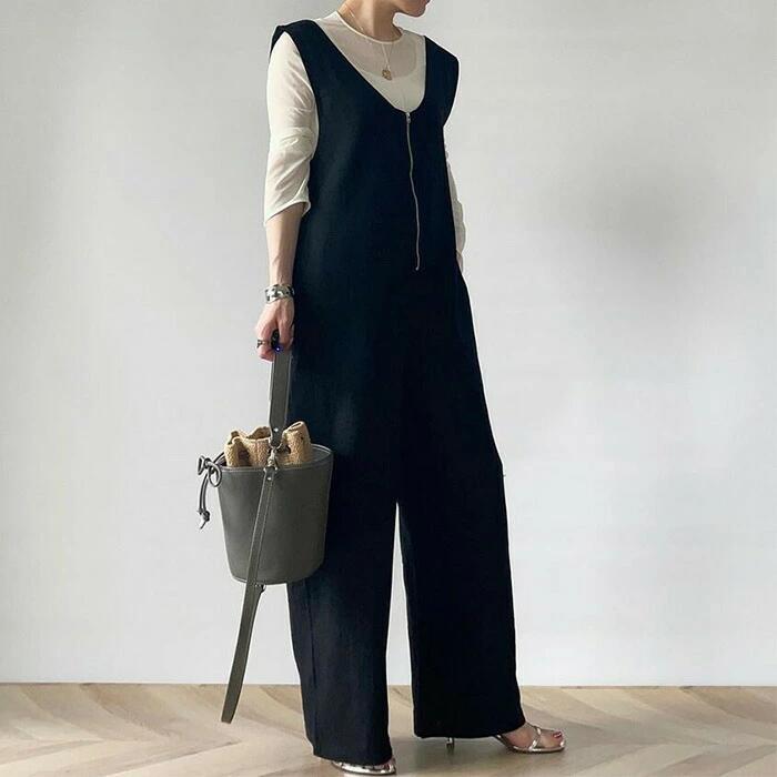 ボト きれいめ ワイドパンツ 大きいサイズ 春夏 オーバーオール ノースリーブ レディース サロペット Vネック 楽ちん 大人 無地