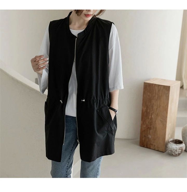 大きいサイ ブラック ベージュ ノースリーブ ドロスト ミディアム丈 ショート丈 アウター ゆったり 薄手 夏 春 ノーカラー 薄手