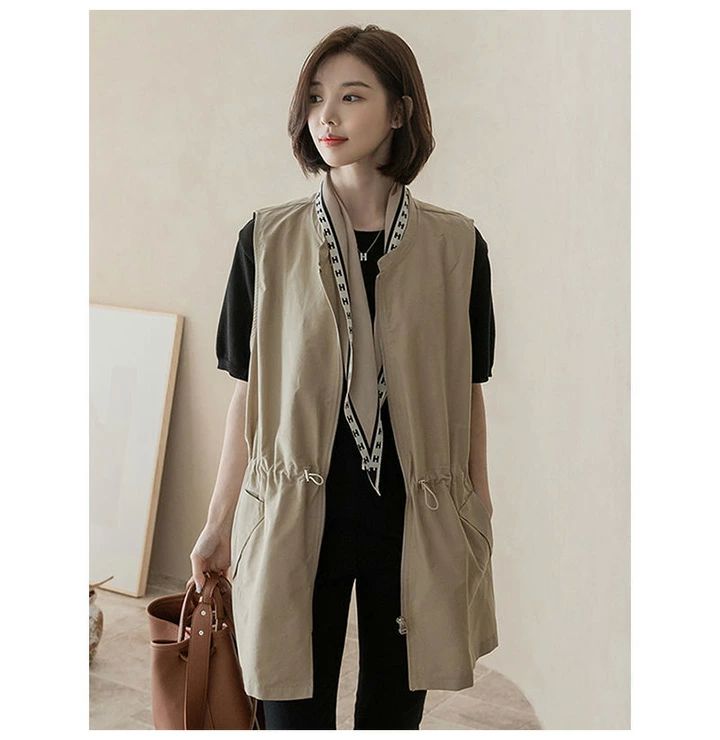 大きいサイ ブラック ベージュ ノースリーブ ドロスト ミディアム丈 ショート丈 アウター ゆったり 薄手 夏 春 ノーカラー 薄手