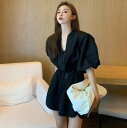 ハイウエスト ビッグシルエット ゆったり 薄手 半袖 ショートパンツ 短パン サロペットパンツ レディース つなぎ オールインワン
