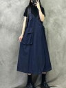 ロングスカート デニムスカート デニムワンピース Vネック デニムサロペット デニムジャンパースカート 大きいポケットが可愛い(4)
