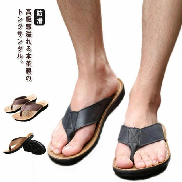 メンズ 夏 トングサンダル 防滑 ビーチサンダル トング 川 本革 ビーチ リアルレザー 海 牛革 レザーサ..