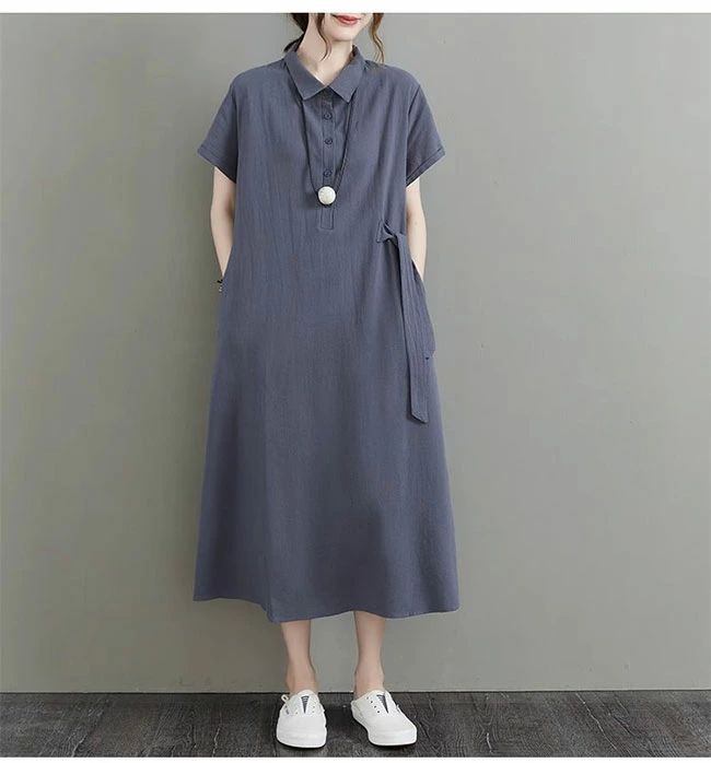 体型カ 着回し カジュアル シンプル 大人 リボン シャツ襟 ロングワンピース ロング丈 綿麻風 半袖 シャツワンピース レディース