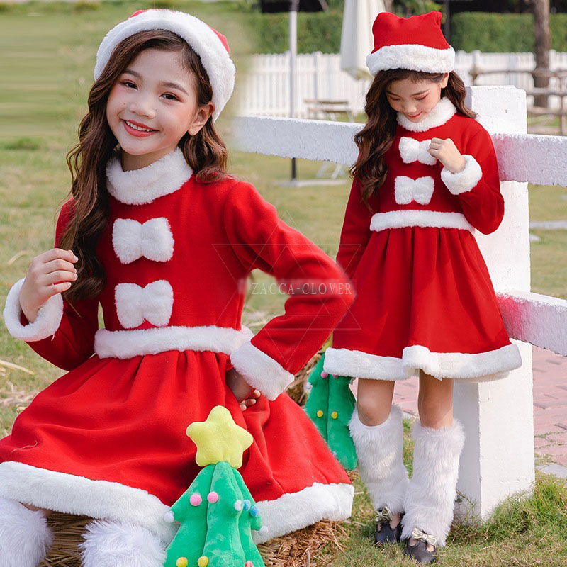 リボン 帽子セット サンタクロース ワンピース コスプレ 150cm 140 130 120 110 100 90 80 女の子 衣装 子供 クリスマス キッズ