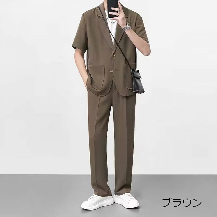 接 ジャケット テーラード ズボン ロングパンツ 半袖アウター ワイドパンツ ジャケット スーツセット カジュアル セットアップ