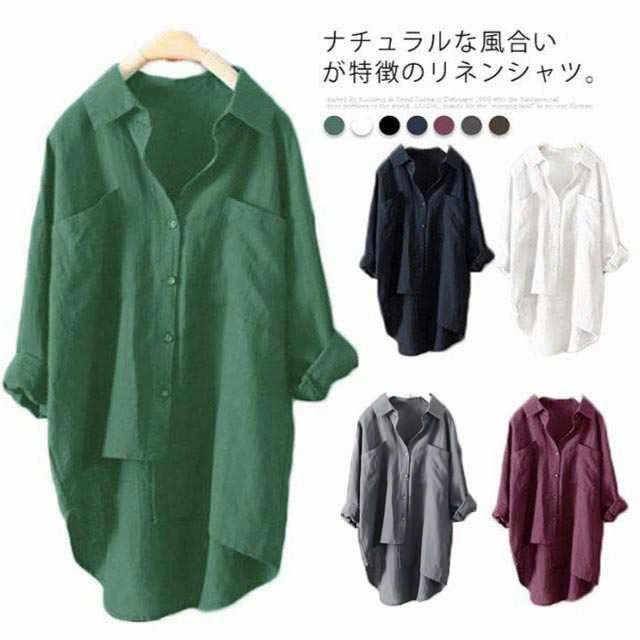 Long-Sleeved - 羽織り 無地 ビッグシルエット オーバーサイズ ラウンド裾 前後差 リネン 麻 トップス 送料無料 長袖シャツ レディース