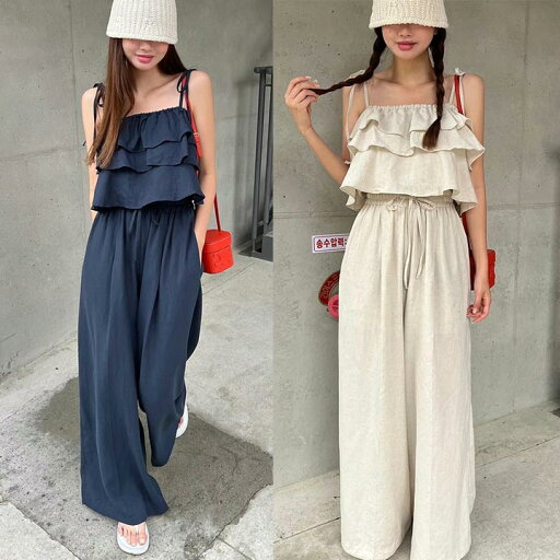 カジ おしゃれ ベージュ ネイビー ワイドレッグパンツ ワイドパンツ 肩リボン 段フリル キャミソール セパレート オールインワン カジ おしゃれ ベージュ ネイビー ワイドレッグパンツ ワイドパンツ 肩リボン 段フリル キャミソール セパレート オールインワン