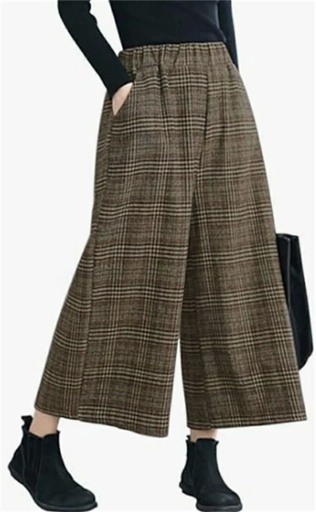 カジュアル 大きいサイズ 美脚 九分丈 ハイウェスト ウエストゴム ボトムス チェック柄 ロングパンツ ズボン ラシャ レディース