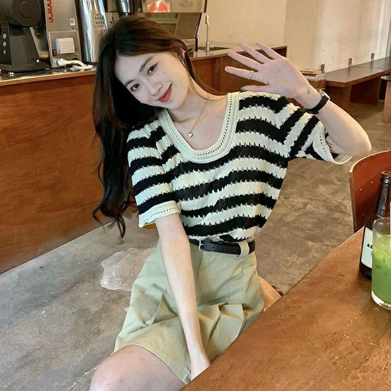 レディース ニット 半袖春用 プルオーバー ニット 春用 夏用 サマーニット ボーダー柄 夏 ボーダー柄ニ..