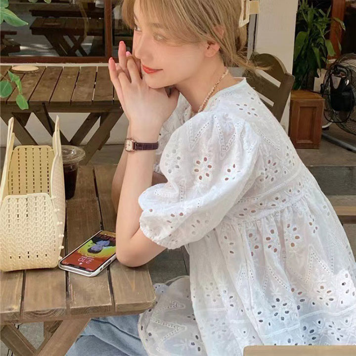 白 ホワイト おしゃれ スカラップ Tシャツ リボン レース 刺? パンチング Vネック 半袖 ブラウス シャツ カットソー トップス