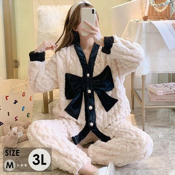 前開き ふわふわ 女性用 おうち時間 寝間着 部屋着 パジャマ もこもこ ルームウェア 長袖 かわいい 冬 ビッグリボン レディース