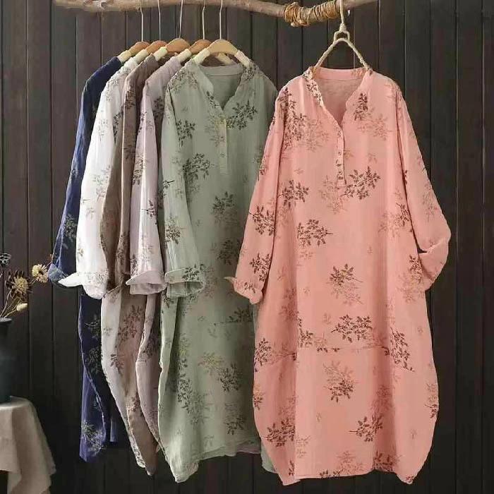 シャツ 秋 秋 長袖 春 レディース コットン 春 ゆ ワンピース キーネック ロングシャツ ダブルガーゼ 綿 花柄 シャツワンピース