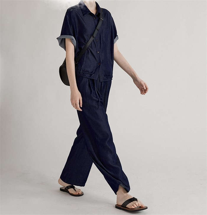 デニムセット レディース セットアップ デニム 上下セット シャツジャケット デニム シャツ 半袖 半袖ジャケット アウター デニムジャケット ロングパンツ 2点セット 上下 無地 ゆったり 柔らか 高品質 涼しい 通気性 大人かわいい トレンド感 20代 30代 40代 50代