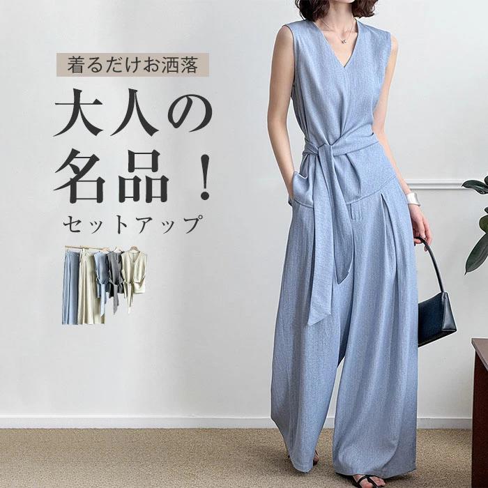 Pants Suit - セットアップ ボトムス ワイドパンツ ロング丈パンツ ロングパンツ ウエストゴム M L トップス ノースリーブ 上下セット ゆったり 体型カバー リネン混 麻 ママ 母親 大人 カジュアル 夏旅 旅行 夏コーデ ミセス 上品 きれいめ おしゃれ 30代 40代 50代
