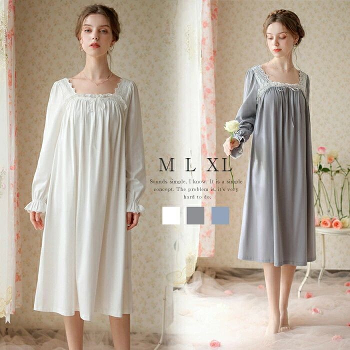チ レース ナイトウェア 姫系 ルームウェア ルームワンピース ネグリジェワンピース 春 秋 長袖 レディース パジャマ ワンピース