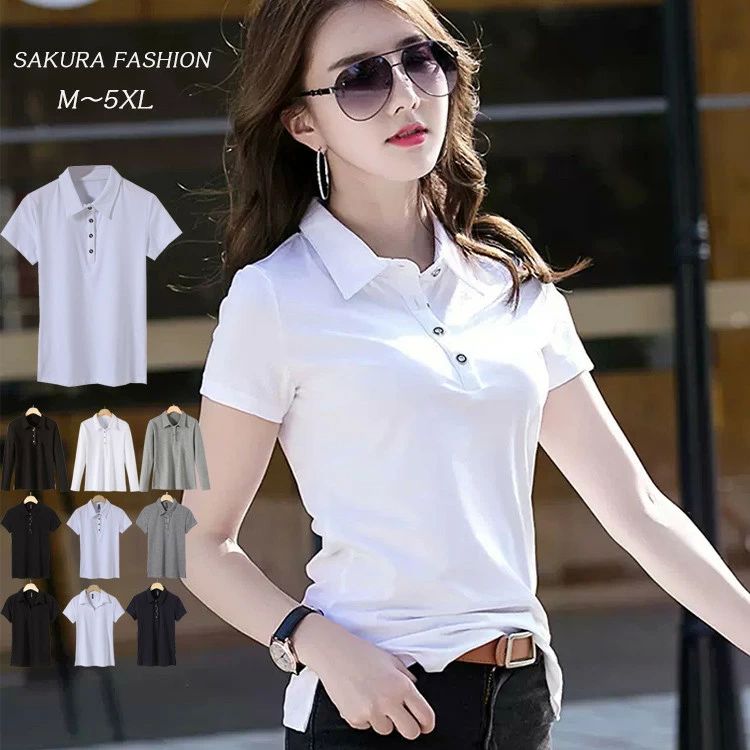 グレ 制服 仕事 白 黒 通勤 vネック プルオーバー カットソー Tシャツ 長そで 長袖 半袖ポロシャツ トップス レディース 半袖