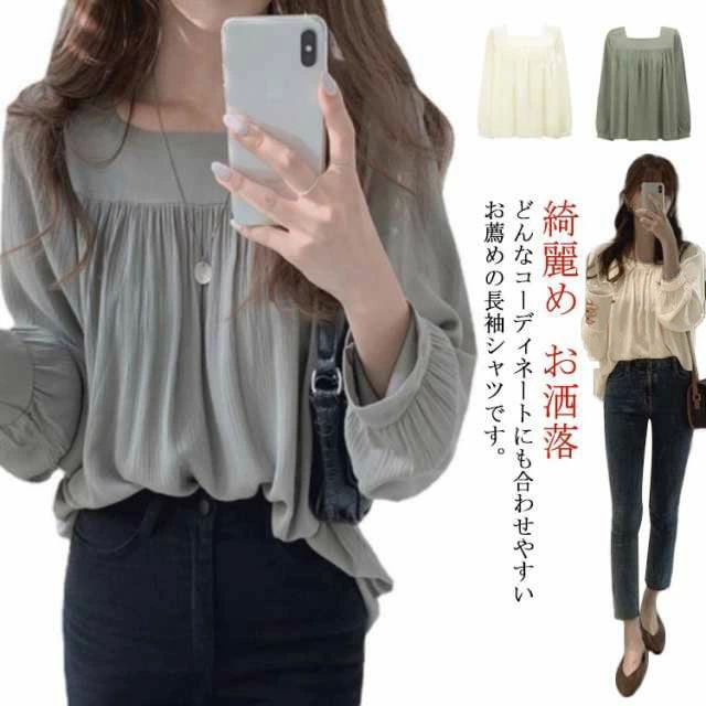 乐天商城 - 春 フェミニン シンプル カジュアル 綺麗め スクエアネック シフォン ギャザー 長袖 ブラウス パフスリーブ ボリューム シャツ