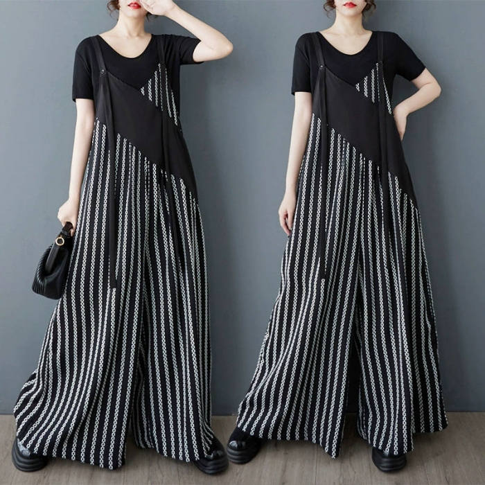 サロペット レディース オールインワン 大きいサイズ マキシ丈 春 夏 ロング丈 オーバーオール レイヤード ワイドパンツ ドッキング ストライプ Vネック 切り替え おしゃれ オフィス 通勤 着痩せ ゆったり レトロ OL シンプル 着回し 楽ちん 体型カバー