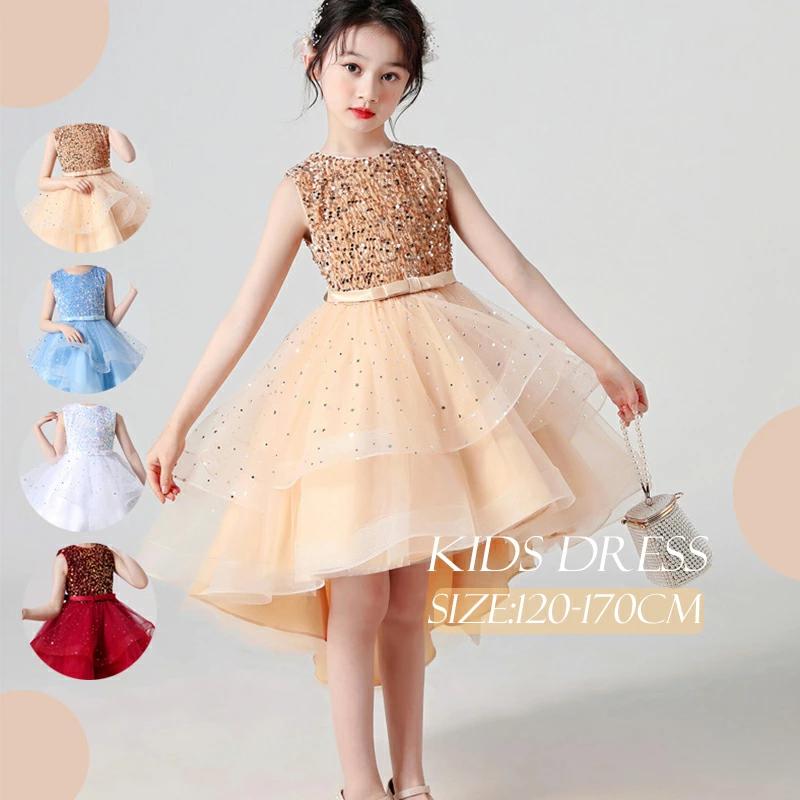 子供用ドレス 演出服 スパンコール キッズドレス コスチューム 子供 レッド 子ども 発表会ドレス 後ろ長い キラキラ