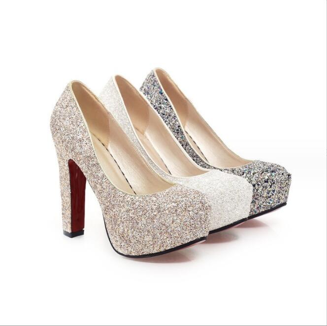 美脚パンプ 2次会 結婚式 パーティ 太ヒール 厚底靴 ハイヒール ウェディングシューズ キラキラ レディ..