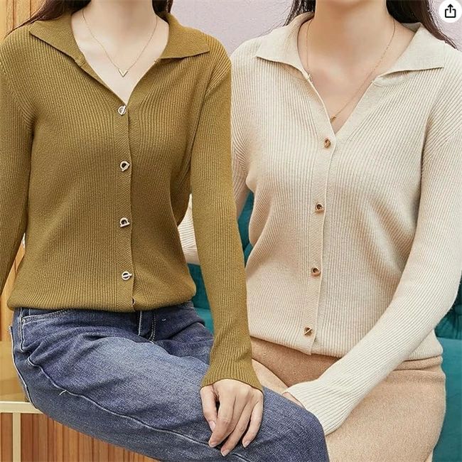 トップス 春秋冬季 長袖 無地 薄手 ボタン Vネック 襟付き コート ニットカーディガン Poloセーター