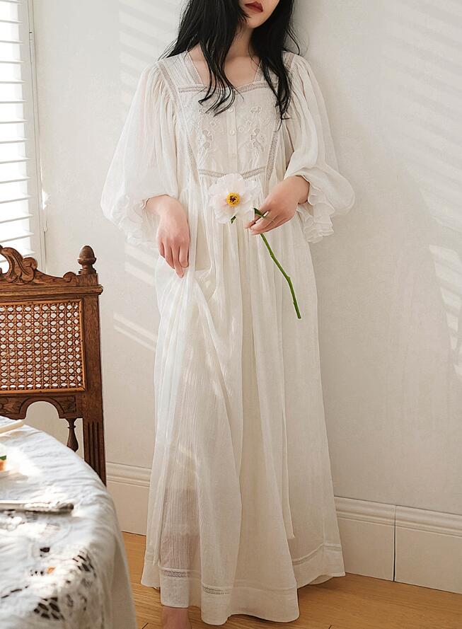 寝間 肌さわり良い部屋着 ゆったり マキシ丈ルームウエア スイート系綿生地パジャマ ドレープ レース 可愛いナイトドレス