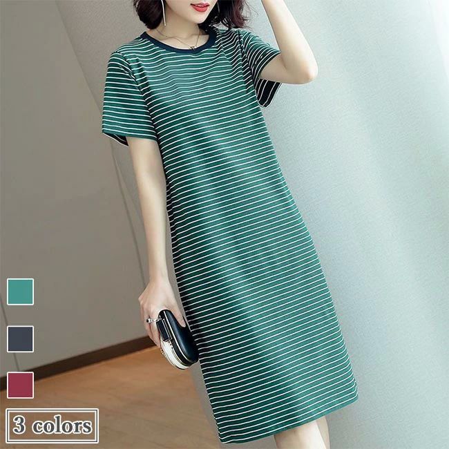 ボーダー｜半袖 サマー ゆる ゆったり クルーネック 夏 トップス 半袖ワンピース Tシャツワン...